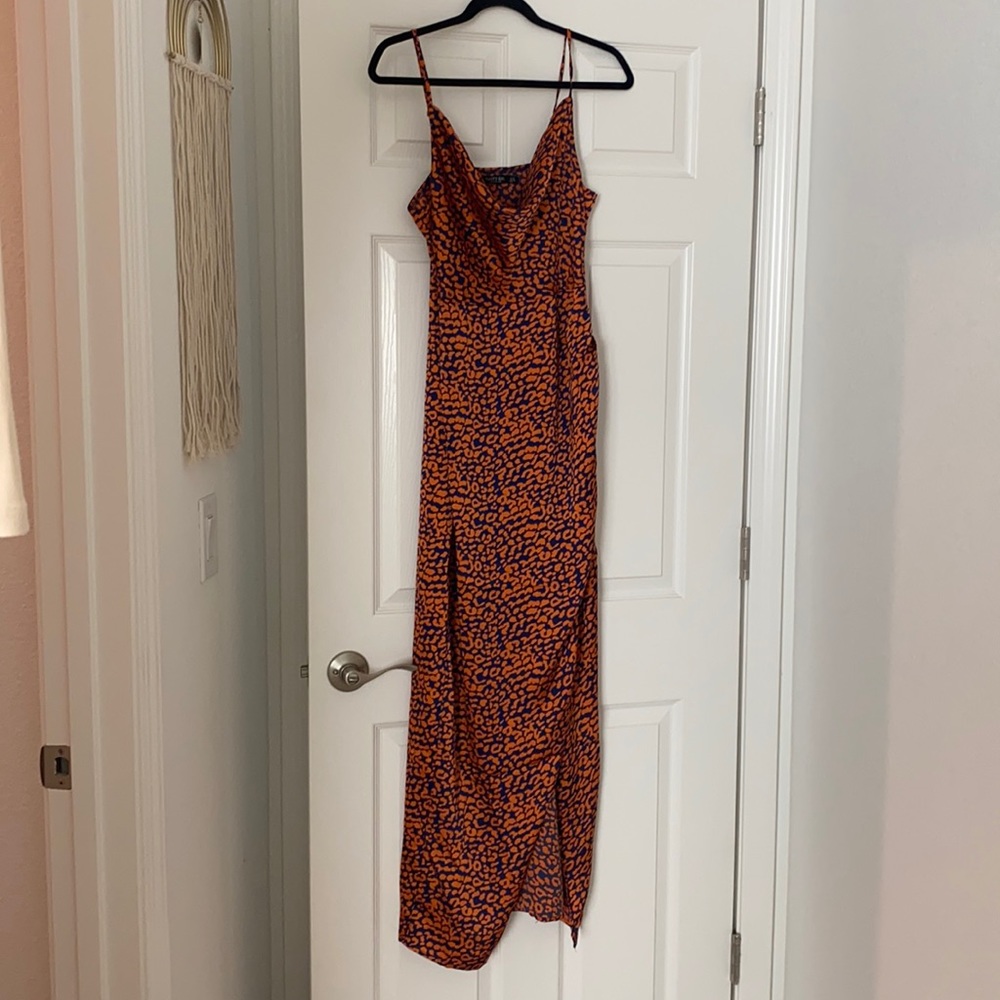 Nasty Gal orange and blue animal print silk dress